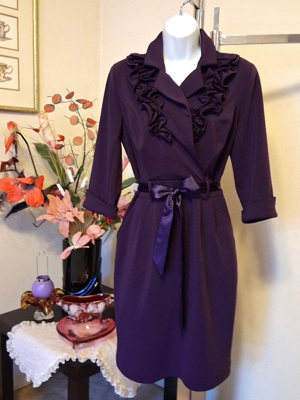 Simon Chang Dress Well Tailored Premium Quality Ruffle Purple Midi Dresses